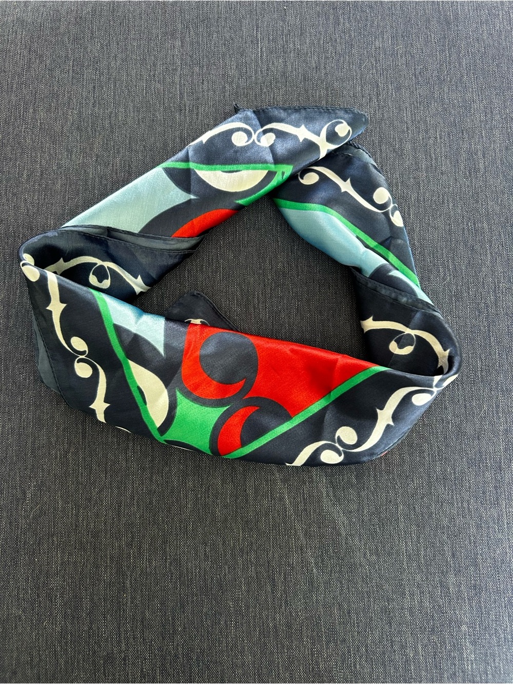 Multicolor Geometric Silk-Feel Scarf in Red, Light Blue & Cream